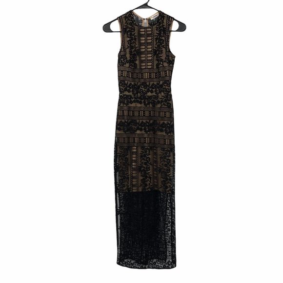 Miss Selfridge Dress Maxi Black Floral Lace Sleeveless Open Back Slits - Picture 6 of 13